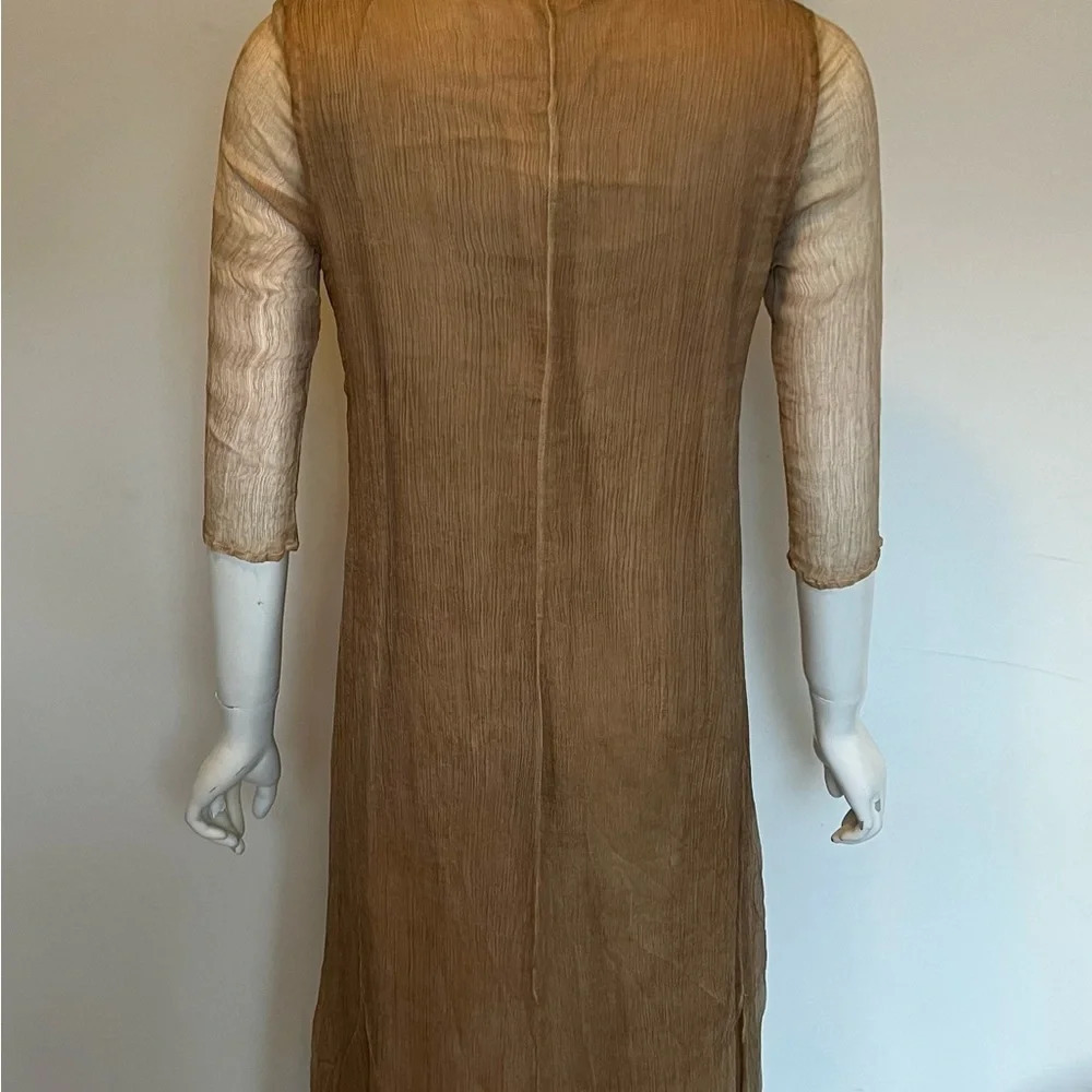 100% Silk Women's Beige Nude Sheer Crinkle Floral Print Midi Dress Size L NWT - Picture 5 of 12